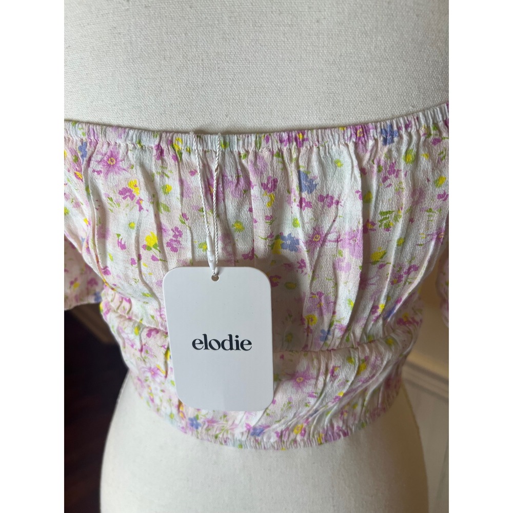 Elodie Floral Puff Sleeve Crop Top Sweetheart Neck Cottagecore Pink White NWT XS - Picture 6 of 8